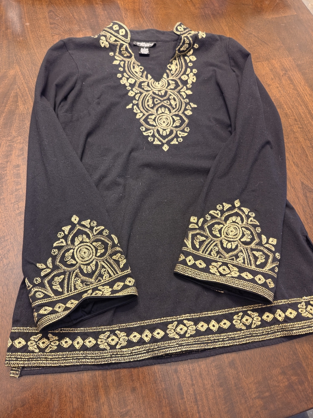 Black Embroidered Tunic Top with Gold Accents